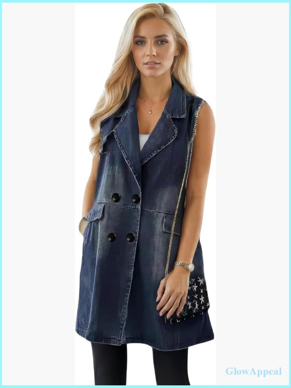 Sleeveless Long Denim Vest with Pockets Casual Distressed Lightweight